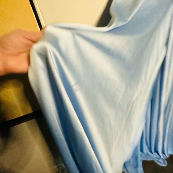 Ieena Mac Duggal Satin Strappy- Back High Slit Powder Blue Lace Up Back Gown 8 - Picture 11 of 14